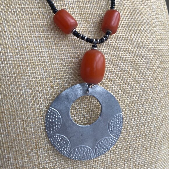 Black Beaded Necklace with Orange Beads & Silver Medallion - Picture 3 of 5